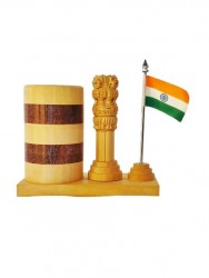 Ashoka Pillar Tabletop Pen Holder crafted in white wood with India Flag